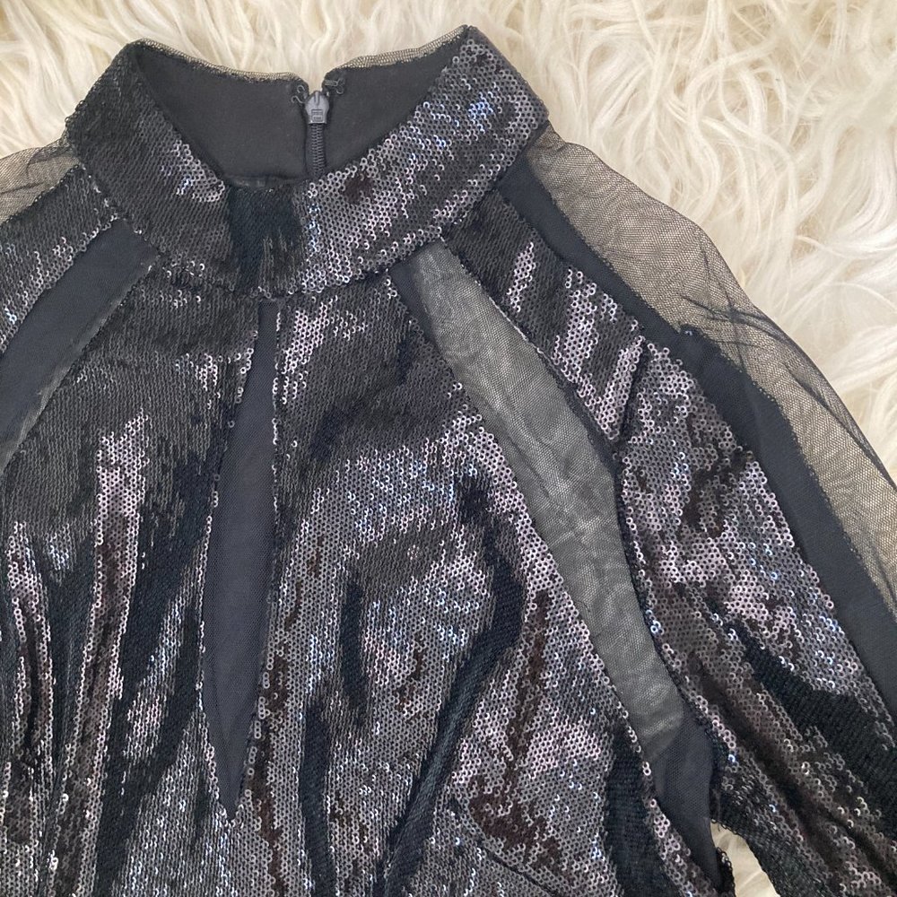 Aidan By Aidan Mattox Sequin & Mesh Inset Mock-Neck Long-Sleeve - Picture 9 of 13